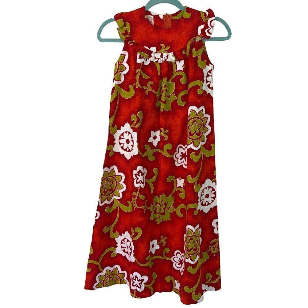 Hawaii Resort Shops Girls Dress Red Size 10 Vintage Barkcloth Floral Maxi Zipper